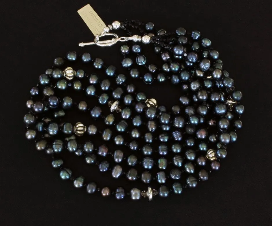 Black Pearl 4-Strand Necklace with Vintage Czech Nailheads, Crystal Bicones, and Sterling Silver Ridged Crowns, Ornate Discs and Toggle Clasp