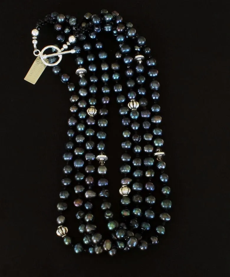 Black Pearl 4-Strand Necklace with Vintage Czech Nailheads, Crystal Bicones, and Sterling Silver Ridged Crowns, Ornate Discs and Toggle Clasp